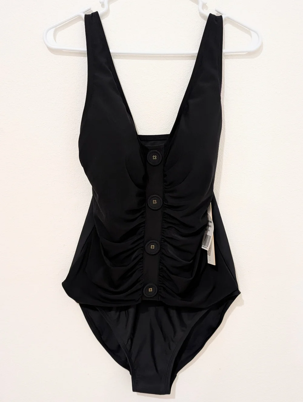 Beyond Control Black Button Ruched Sculpting Shaping One Piece Swimsuit 14 NWT